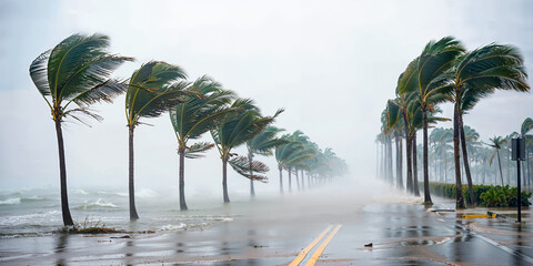 Flooded street along beach during a hurricane, palm trees, Florida, wide banner