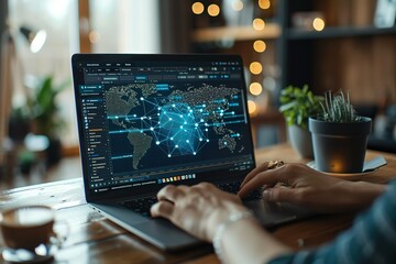 A woman is typing on a laptop with a map of the world on the screen