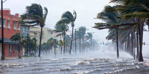 Flooded downtown area during a hurricane or tropical storm. Fictitious depiction, artist's impression, Florida, wide banner