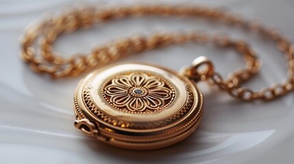 Naklejka premium Beautiful, gold locket with a gold chain, with beautiful incraving, magical, cartoon, no picture, no background, white background, 