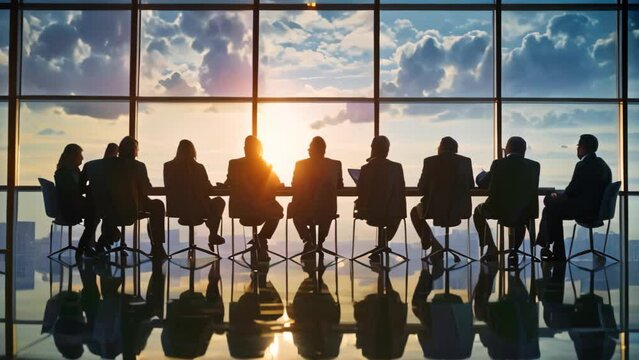 Diverse group of colleagues sitting at a table near window, A wide shot of a group of colleagues of different ethnicities engaged in a meeting