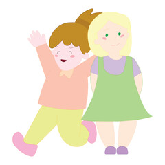 Happy Cartoon Girl in Green Dress And Cartoon Girl Jumping with Joy Vector Illustration EPS10