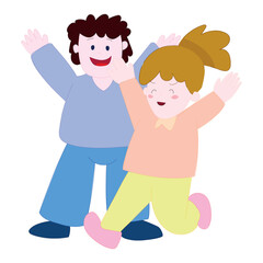 Happy Cartoon Boy with Arms Raised And Cartoon Girl Jumping with Joy Vector Illustration EPS10