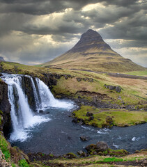 Fantastic landscape with Kirkjufell volcano and the coast of Snaefellsnes peninsula