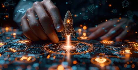 A hand is pointing at a rocket on a computer screen