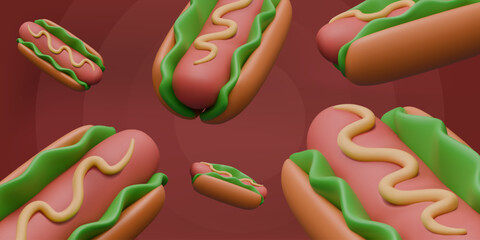 Horizontal banner with realistic hot dogs. Color vector composition for header, flyer, menu