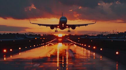 The plane rises from the airport, at sunset