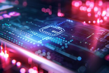 Obraz premium A closeup photo of a mobile phone showcasing an interactive display with a holographic G icon, creating a futuristic and technological aesthetic