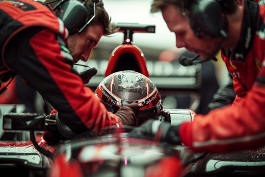 A close-up shot of mechanics working on a Formula racing car at the pit stop. Their focused expressions highlight the intensity of the race