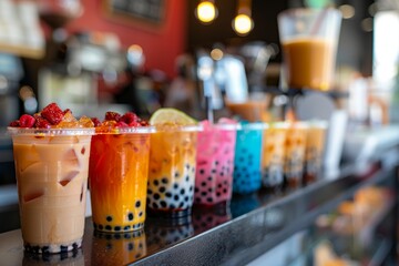 A close-up photo showcasing a variety of vibrantly colored bubble tea drinks, featuring toppings and textures, arranged on a counter in a cafe