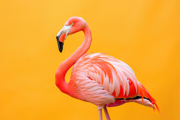Photo of A pink flamingo standing on one leg isolated against an orange background
