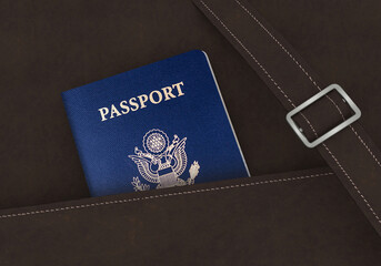 AMERICA Passport in a brown leather travel bag 3D Illustration - United States US
