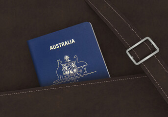 Obraz premium Australia Passport in a brown leather travel bag 3D Illustration - Australian