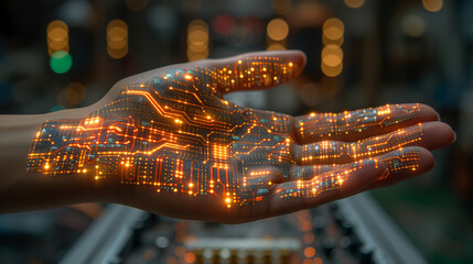 Hand With Circuit Board Pattern Illuminated by Warm Lights