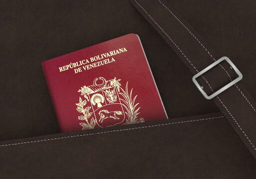 Venezuela Passport in a brown leather travel bag 3D Illustration - Venezuelan