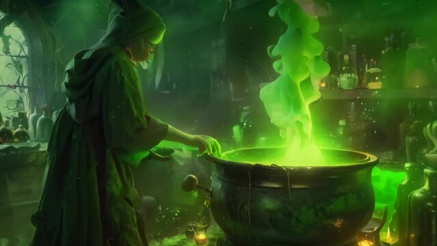 A witch stirring a cauldron filled with bubbling green liquid, A witch brewing a potion in a cauldron
