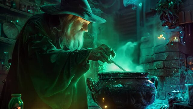 A wizard is stirring a magical potion in a cauldron using a wand, A witch brewing a potion in a cauldron