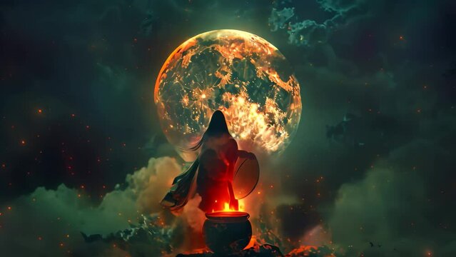 A person standing in front of a bright full moon at night, A witch stirring a bubbling cauldron of potion under a full moon