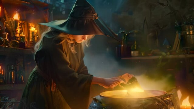 A wizard is stirring a pot filled with a green liquid, possibly a potion or brew, A witch brewing a potion in a cauldron