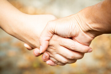 Two women shaking hands outdoors. Team work and agreement setting concept. Women solidarity and support. Caucasian palm. Strength and collaboration. fingers with blurred background. Make business