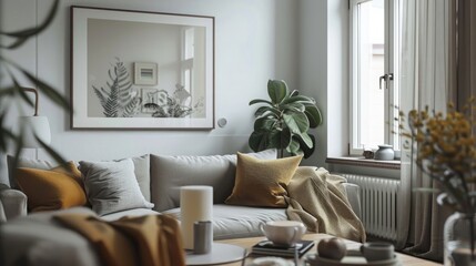 3D render of a mockup frame in a cozy Scandi living room