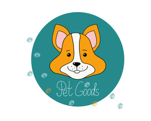 Goods pets. Muzzle cute cartoon dog. Advertising, emblem. Products, Pet food, drawing. Calligraphy, hand lettering. Paw print. Cute puppy Corgi breed. Banner, logo.