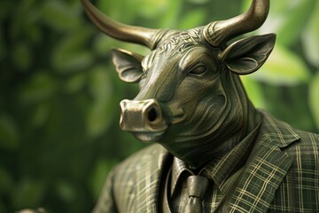 A closeup photograph of a bronze bull sculpture wearing a suit. The sculpture is positioned against a green background