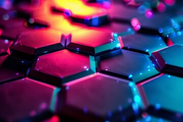Obraz premium A close-up photograph of a colorful, glowing hexagon pattern. The image features a dark background and bright, luminous neon hexagons