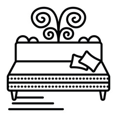 Sofa with two pillows, single vector black line illustration of a bed, couch outline monochrome sign, editable stroke, pixel perfect