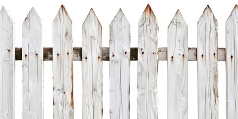 Fototapeta premium Weathered white wooden picket fence highlighting rustic charm and classic outdoor design for residential or garden decor, white background