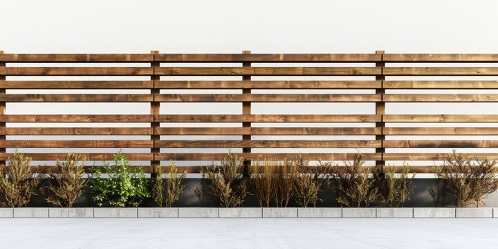 Modern wooden fence with vertical slats and small plants at the base, creating a clean and natural look for outdoor spaces, white background