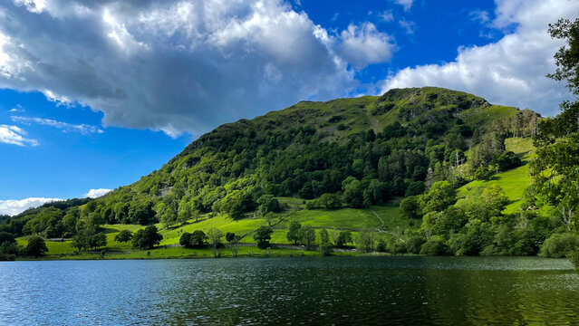 green mountain lake and blue sky