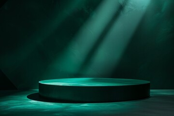 A dark green stage podium illuminated by a spotlight, creating an elegant setting for product display