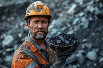 Obraz premium Miner in the mine holding coal