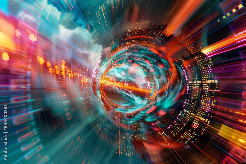 Poster a vibrant digital illustration depicting data streams flowing through a tunnel, symbolizing secure e