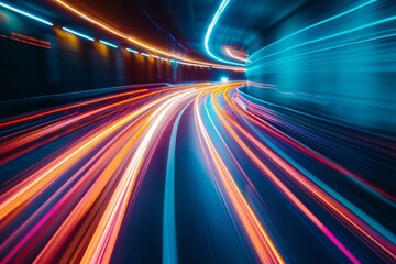 Obraz premium A dynamic photograph of neon light streaks cutting through the darkness of a tunnel, capturing the essence of futuristic speed and innovation