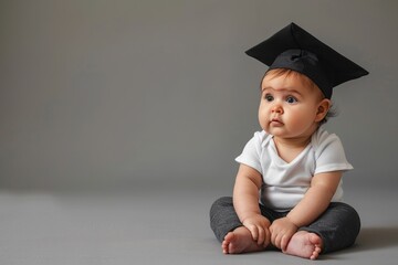 baby in degree graduation cap on gray background