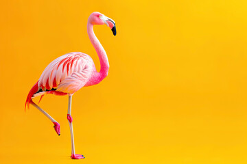 Fototapeta premium Photo of A pink flamingo standing on one leg isolated against an orange background