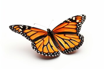 Naklejka premium Monarch butterfly with wings spread, displaying its distinctive orange and black pattern against a neutral background, emphasizing its delicate beauty