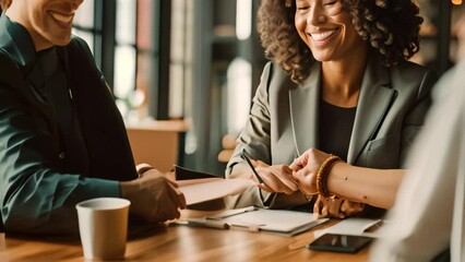 Group of people shaking hands over a table during a business negotiation, A woman negotiating a business deal with a sense of determination