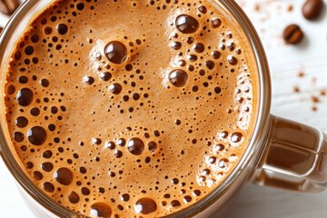 Close up of a frothy cappuccino with bubbles and foam, capturing the rich texture and inviting appearance of this classic coffee drink