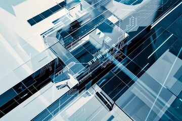 A high-angle view of abstract shapes and lines representing modern technology set against a futuristic background