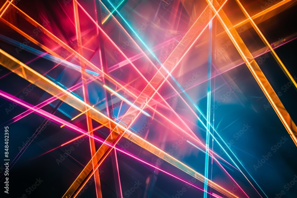 Aufkleber abstract composition featuring colorful neon light beams intersecting against a dark background, cre
