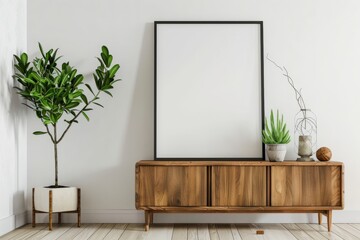 A wide-angle photo showcasing a blank poster frame mockup on a white wall in a well-lit living room. The room features a wooden console table with plants and decor
