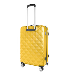 one yellow suitcase stands on a white isolated background