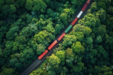 An aerial view of a freight train carrying cargo containers winding through a lush forest