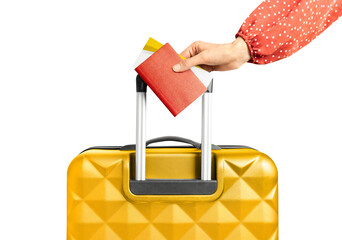 female hand with passport, tickets and suitcase on white isolated background, travel concept