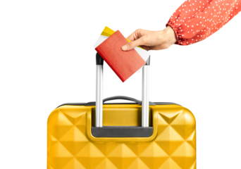 female hand with passport, tickets and suitcase on white isolated background, travel concept