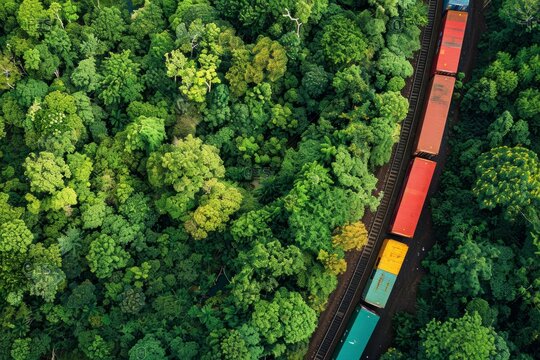 An aerial perspective captures a freight train carrying colorful sea containers as it navigates through a dense, verdant forest