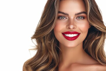 Obraz premium Glamorous woman with radiant smile, vibrant red lips, lush brown hair, professional studio portrait, confident and elegant, fashion photography, warm lighting, neutral background, beauty and style